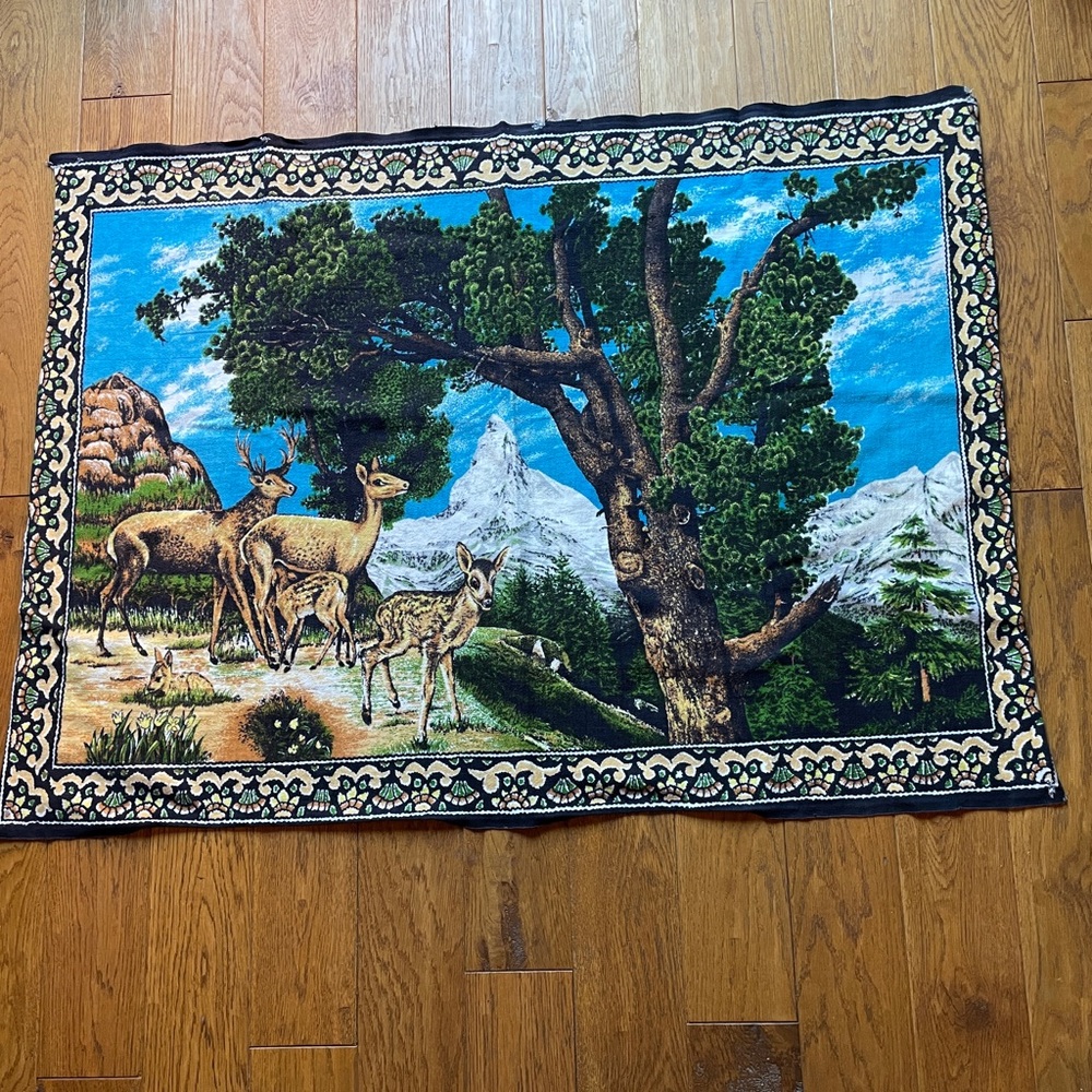Vintage Velvet Cotton Deer Buck Doe Family Tapestry Wall Hanging 50" x 35"